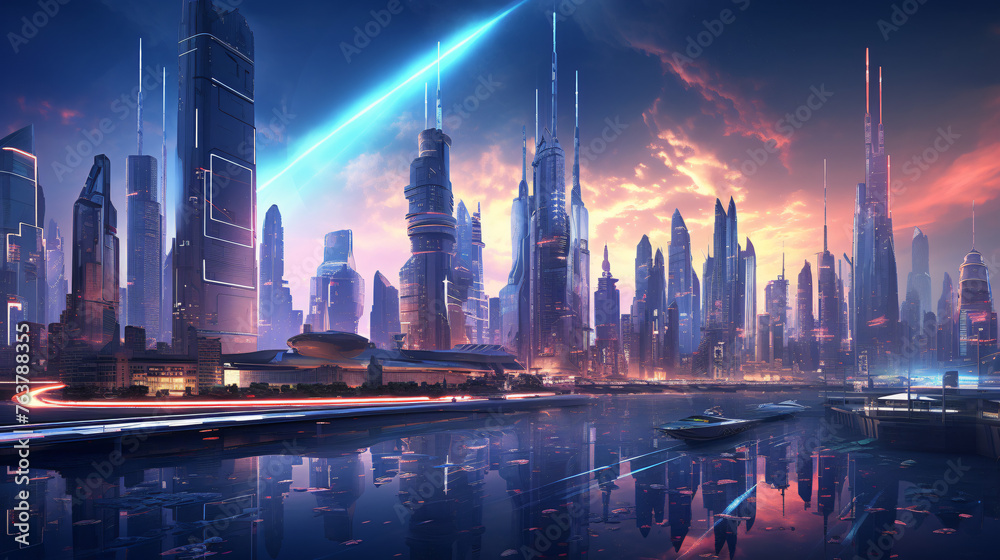 A futuristic cityscape with neon lights and holographi