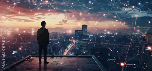 Businessman standing on rooftop with smart city technology network and digital hologram, connection of information data in big cities background concept.

