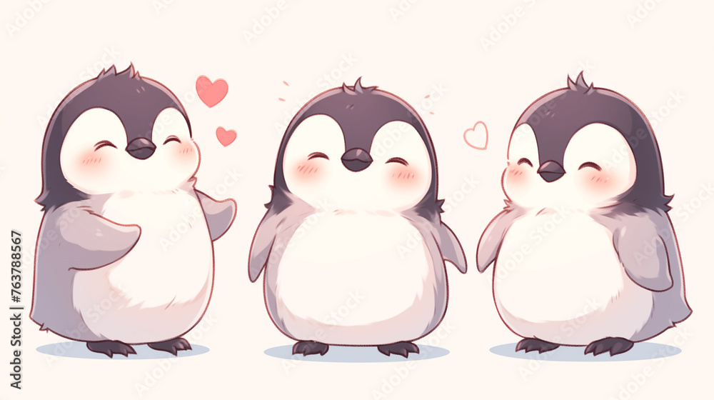 Adorable illustration captures a content cartoon penguin with rosy cheeks surrounded by a gentle flurry of snowflakes on white background Adorable illustration captures a content cartoon penguin with rosy cheeks surrounded by a gentle flurry of snowflakes on white background