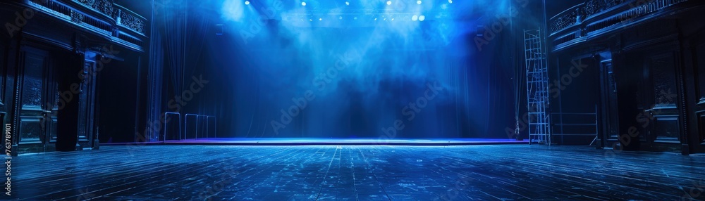 An empty stage awaits bathed in dramatic blue spotlighting - obrazy, fototapety, plakaty 