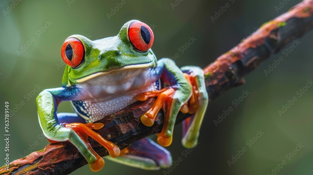 The vivid colors of a red-eyed tree frog perched on a branch - obrazy, fototapety, plakaty 