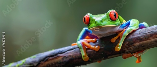 The vivid colors of a red-eyed tree frog perched on a branch