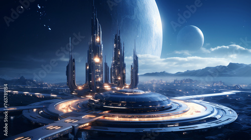 A futuristic spaceport with spacecraft coming and goin