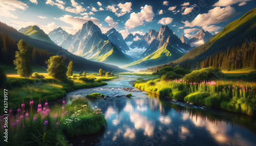 Majestic mountains rise behind a lush valley with a wide river  under a dawn sky.