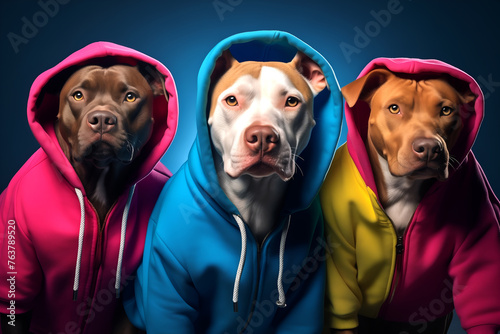 Gang family of pitbull dog in vibrant bright fashionable outfits, commercial, editorial advertisement, surreal surrealism. Group shot.	
