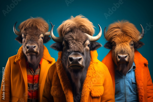 Gang family of bison in vibrant bright fashionable outfits, commercial, editorial advertisement, surreal surrealism. Group shot.	
