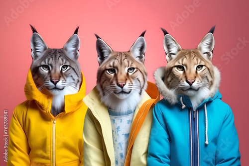 Gang family of Lynx Cat in vibrant bright fashionable outfits, commercial, editorial advertisement, surreal surrealism. Group shot.	
