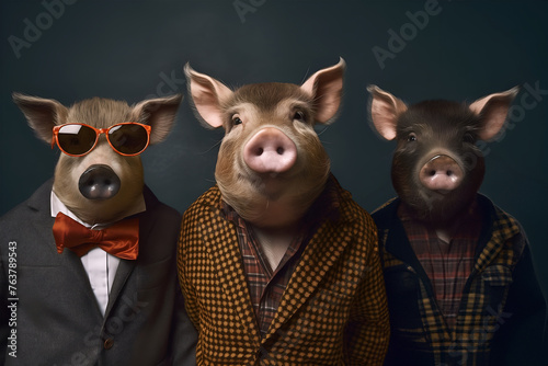 Gang family of boar in vibrant bright fashionable outfits, commercial, editorial advertisement, surreal surrealism. Group shot.	
