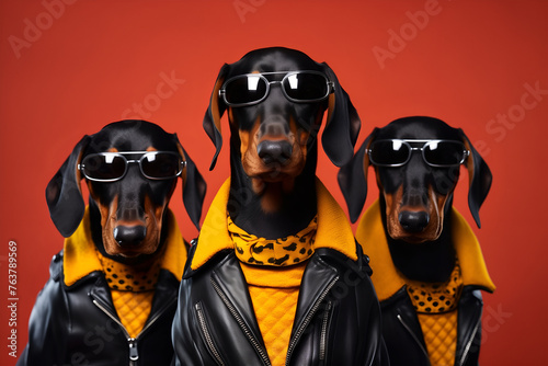 Gang family of Doberman dog in vibrant bright fashionable outfits, commercial, editorial advertisement, surreal surrealism. Group shot.	
