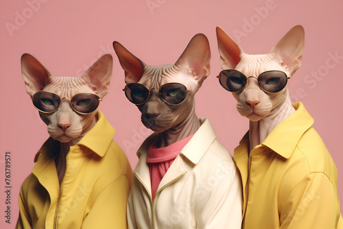Gang family of Sphynx Cat in vibrant bright fashionable outfits, commercial, editorial advertisement, surreal surrealism. Group shot.	
