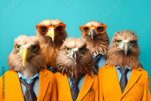 Gang family of eagle bird in vibrant bright fashionable outfits, commercial, editorial advertisement, surreal surrealism. Group shot.	
