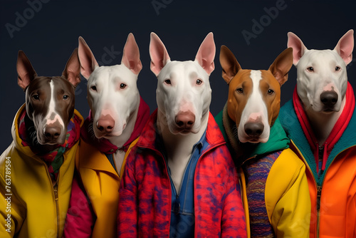 Gang family of bull terrier dog in vibrant bright fashionable outfits, commercial, editorial advertisement, surreal surrealism. Group shot.	
