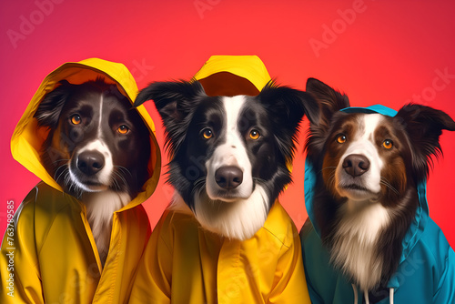 Gang family of border collie dog in vibrant bright fashionable outfits, commercial, editorial advertisement, surreal surrealism. Group shot.	

