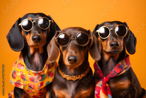 Gang family of dachshund dog in vibrant bright fashionable outfits, commercial, editorial advertisement, surreal surrealism. Group shot.	
