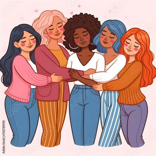 Diversity in sisterhood, five women of color hugging each other