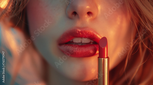 close up of a woman applying lipstick