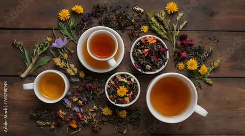 Still life  food and drink concept. Various kinds of tea with a glass of tea on a black chalkboard. Selective focus  copy space background. generative ai