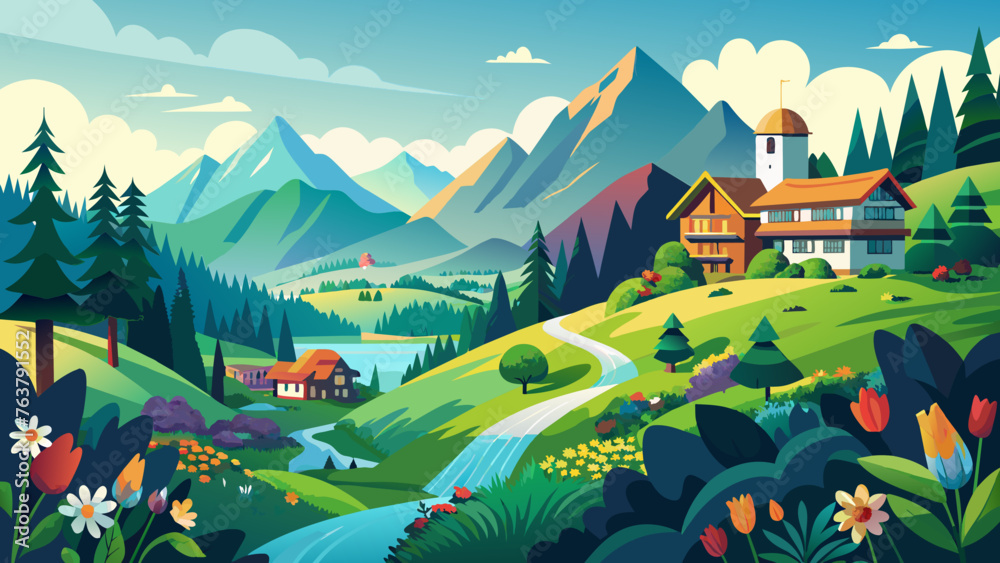 Fototapeta premium Hill with tree and farm house