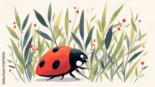 Heartwarming illustration showcases a cute and oversized cartoon ladybug with a beaming smile  nestled among delicate flowers on white background