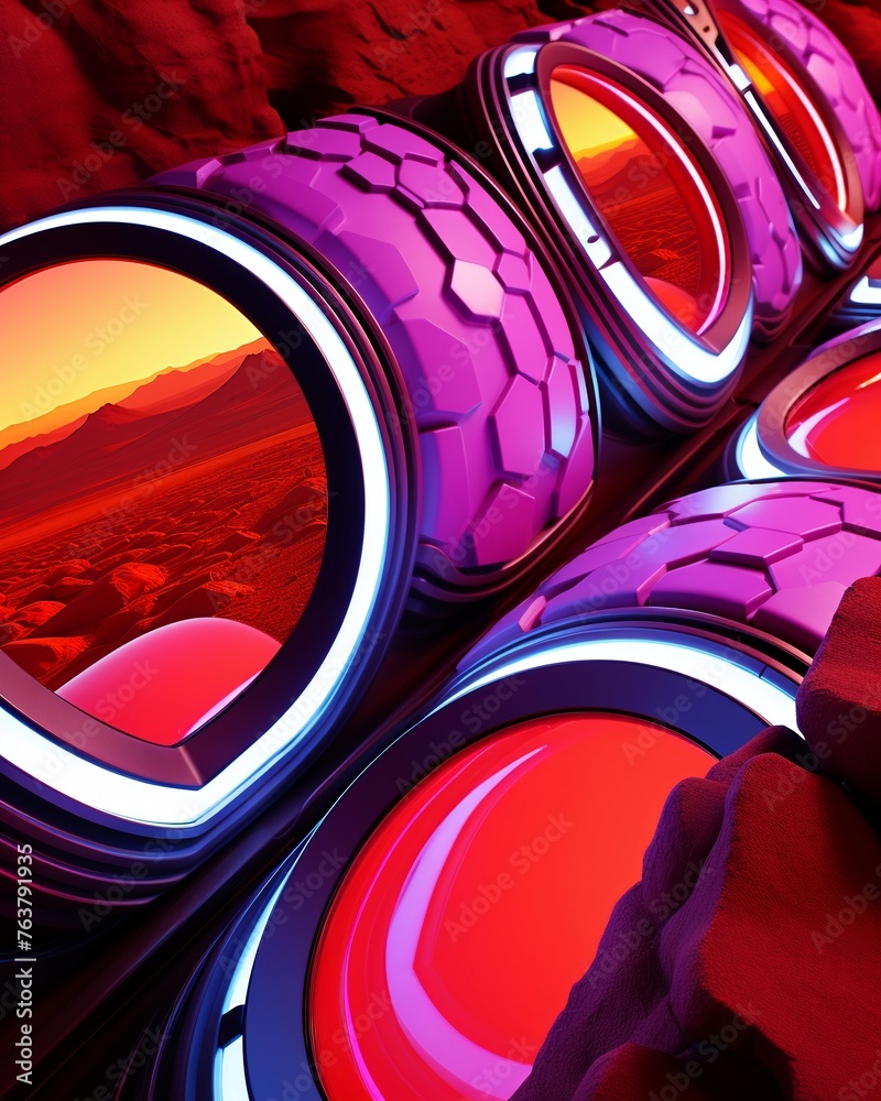 Vivid, colorful science fiction tires stacked in a surreal pattern against the backdrop of an alien desert sunset.

