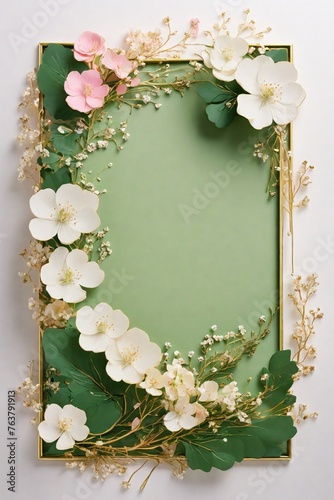 Wedding invitation card, Golden frame with cherry blossom on green background. top view. © Amlumoss