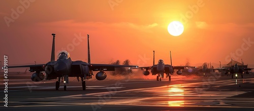 fighter jet planes are at the airport at sunset