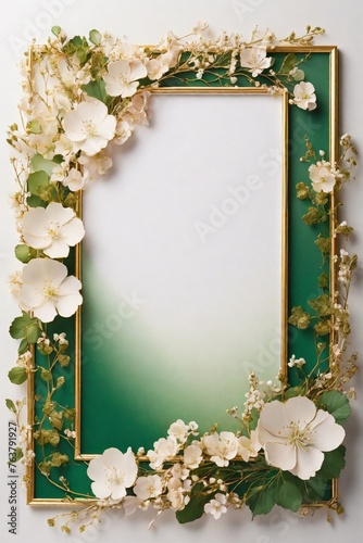 Wedding invitation card, Golden frame with cherry blossom on green background. top view. © Amlumoss
