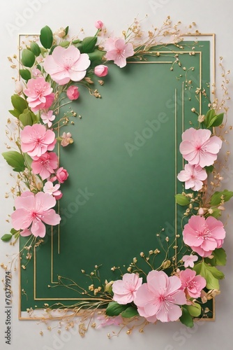 Wedding invitation card, Golden frame with cherry blossom on green background. top view.