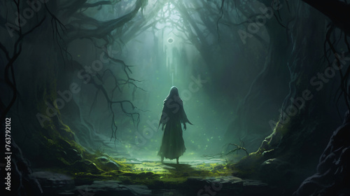 A hooded sorceress girl stands in front of a magical  photo