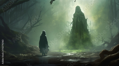 A hooded sorceress girl stands in front of a magical 