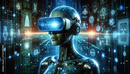 A cybernetic entity with advanced VR goggles, showcasing a futuristic interface and circuit-like visuals that represent high-tech connectivity and virtual reality.