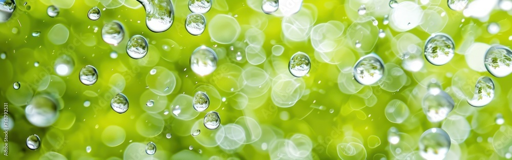 Close-up of raindrops on a window with green grass in the background The concept of green hydrogen