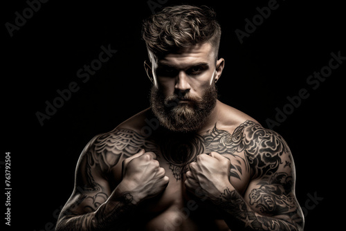 Portrait of a Muscular Tattooed Man with a Focused Expression in Low Key Lighting, Emphasizing the Art of Body Ink and Physical Fitness