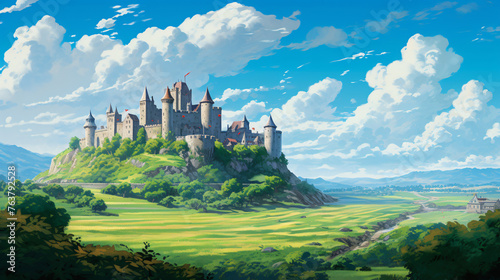 A landscape illustration of the medieval fantasy