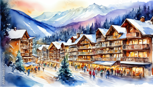 Alpine Winter Paradise - Watercolor Illustration of Ski Resort © liamalexcolman