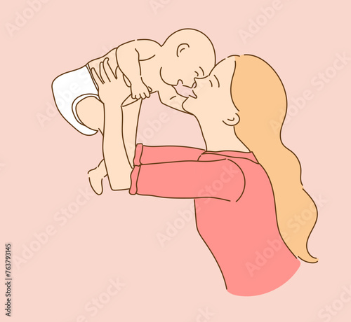 Mother lifting and playing with newborn baby. Young Woman holds her baby in her arms. Hand-drawn, Vector Illustration.