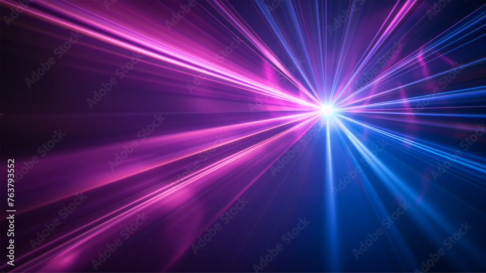 blue and violet beams of bright laser light shining on black background