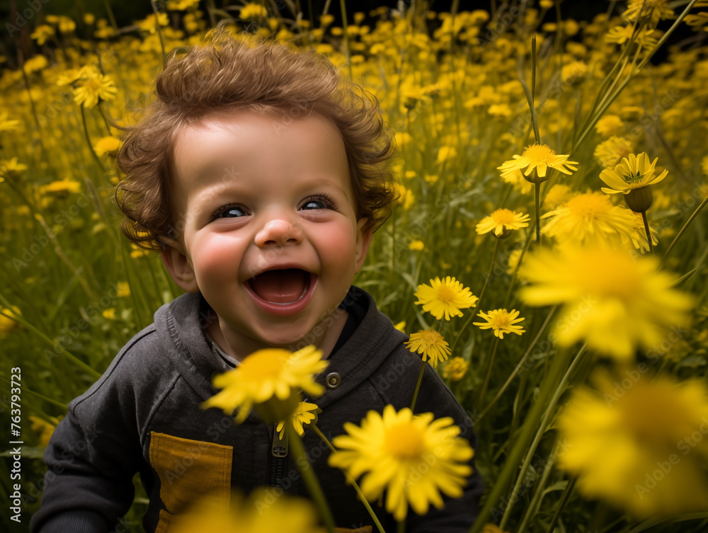 Joyful toddler among bright yellow flowers on a sunny summer day Joyful toddler among bright yellow flowers on a sunny summer day