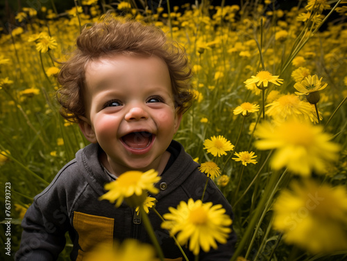 Joyful toddler among bright yellow flowers on a sunny summer day © Artem81