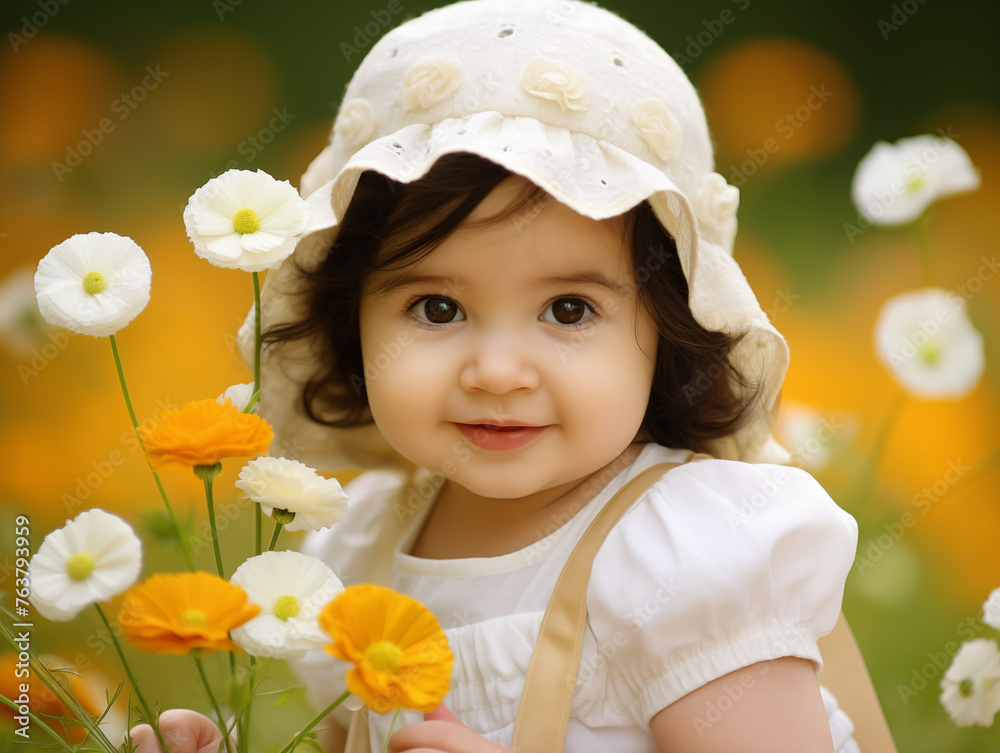 Curly-haired toddler girl in white dress holding flowers in summer