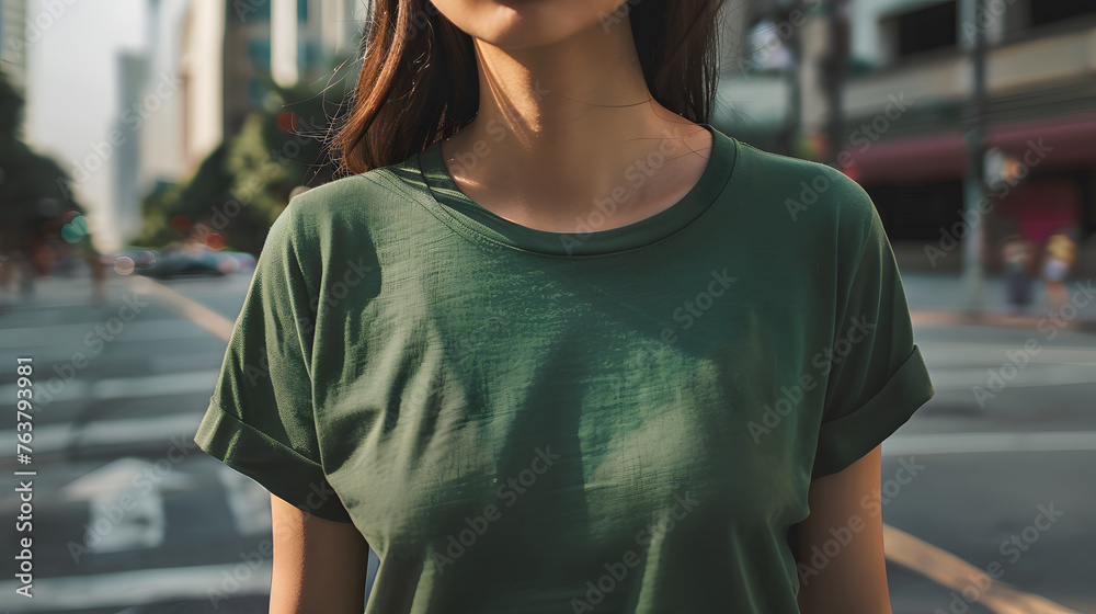 mockup featuring a stylish woman wearing a green t-shirt, striding confidently along a vibrant city street, exuding urban chic and modern allure amidst the bustling cityscape. no face mockup featuring a stylish woman wearing a green t-shirt, striding confidently along a vibrant city street, exuding urban chic and modern allure amidst the bustling cityscape. no face