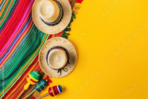 Mexican national holiday concept. Top view photo of sombrero hats maracas and colorful striped serape on isolated vibrant yellow background with empty space - generative ai