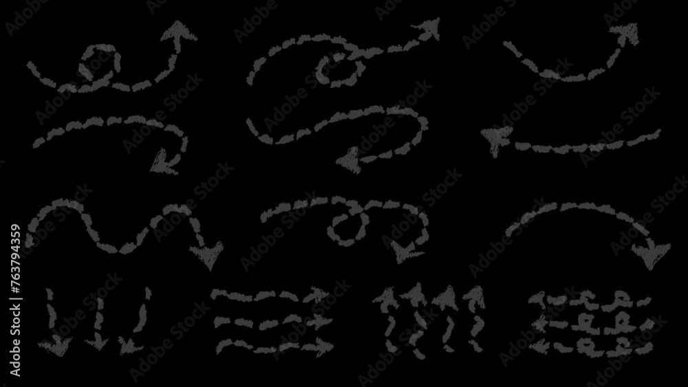 Set of hand drawn style with pencil drawing dotted line arrow animation transparent background. Variety of doodle animated pointer. Popping charcoal arrows footage video. Freehand different sketch cur
