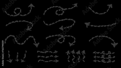 Set of hand drawn style with pencil drawing dotted line arrow animation transparent background. Variety of doodle animated pointer. Popping charcoal arrows footage video. Freehand different sketch cur