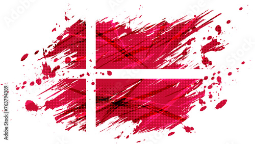 National Flag of Denmark with Brush Paint Style and Halftone Effect. Danish Flag Background with Grunge Concept