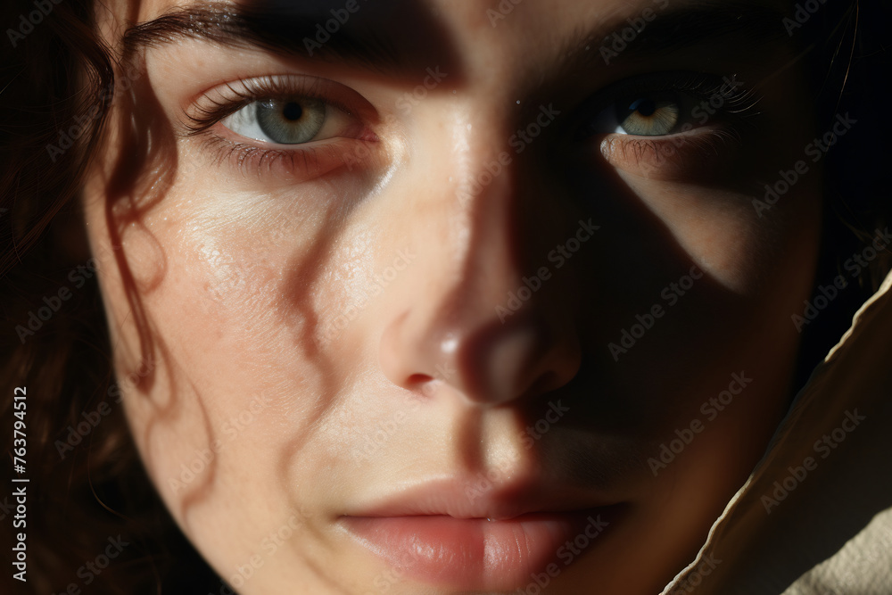 Fototapeta premium Intimate Close-up of a Woman's Face Illuminated by Natural Sunlight, Highlighting Her Green Eyes and the Delicate Textures of Her Skin