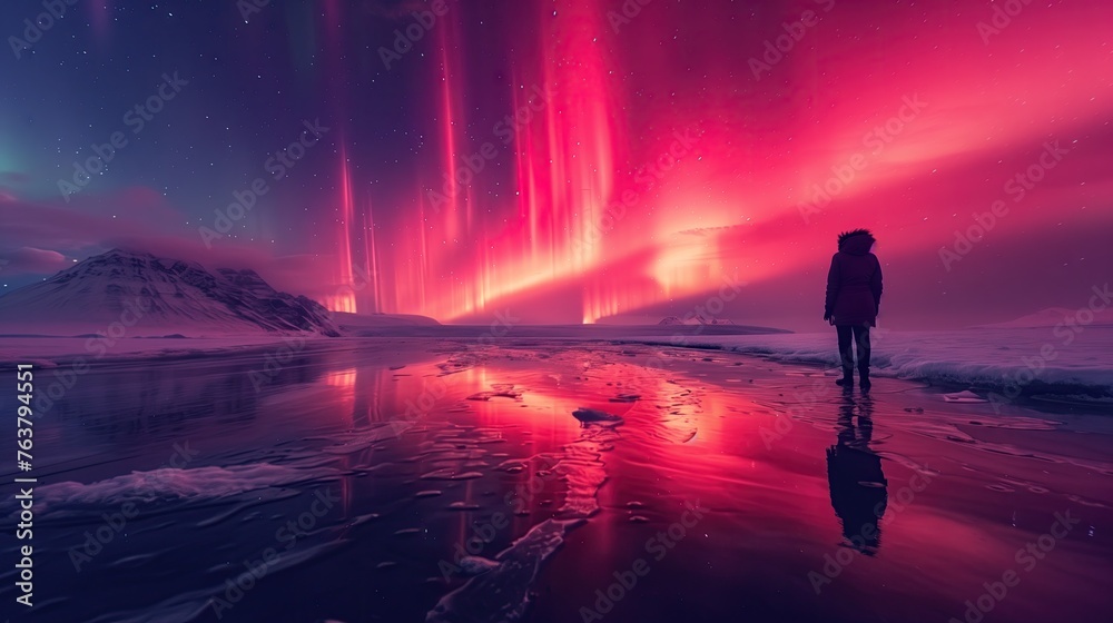 Photographing the cold and majestic North Pole landscape with a light aura in the night sky.
