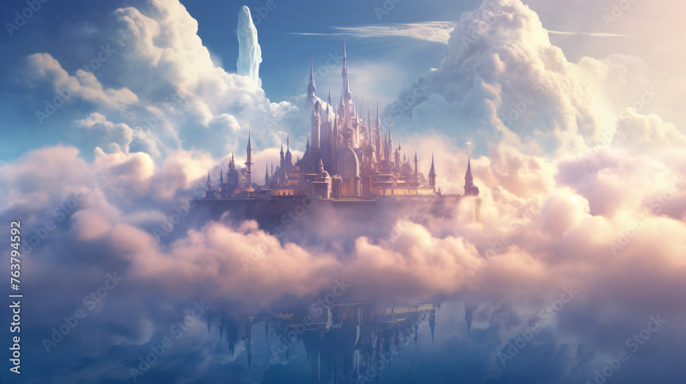 A magical castle floating in the clouds. - obrazy, fototapety, plakaty 