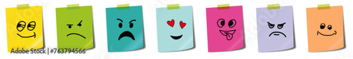 Post it notes with various emoticons. Colorful paper sticky note with adhesive note isolated on transparent.