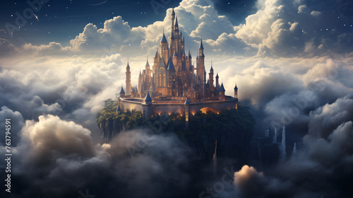 A magical castle floating in the clouds.